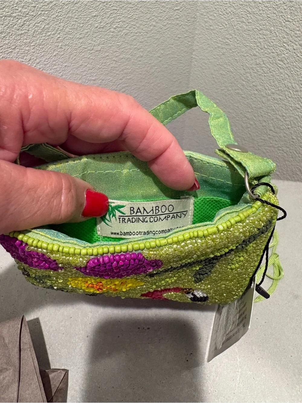 Beaded Flamingo Zip Pouch - Lime Green & Pink by Bamboo Club
